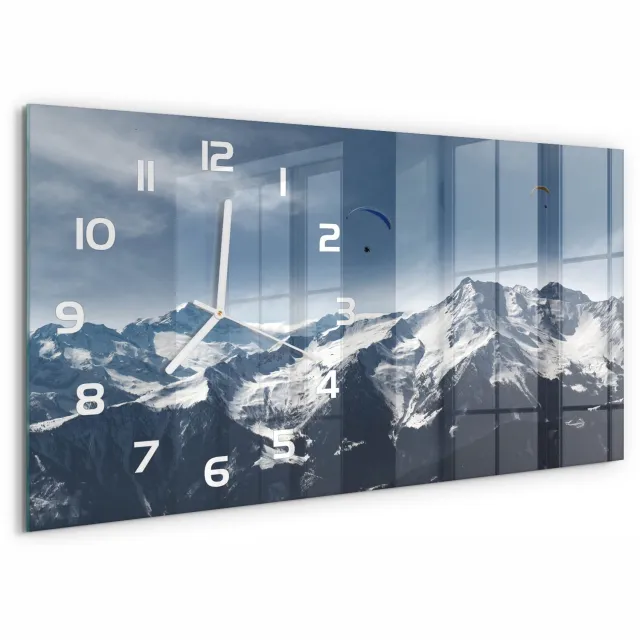 TULUP Wandklok - Paragliden in de Alpen Decoratieve Glazen Klok - 60x30 cm - Grijs Glazen Wandklok Design - Witte handen - Rechthoekige Klok - Glazen Klok Met Print - Wandklok Glas Met Motief