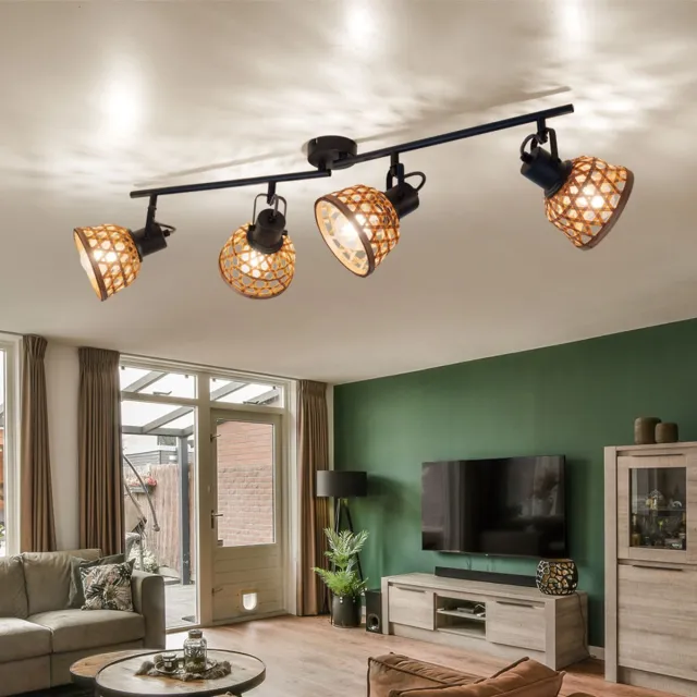 Globo Lighting Plafondlamp Eetkamer plafondlamp Bamboe vlechtwerk plafondlampen van hout met verstelbare spots, zwart metaal, 4x E27 fitting, LxBxD 80x13x19 cm Bruin