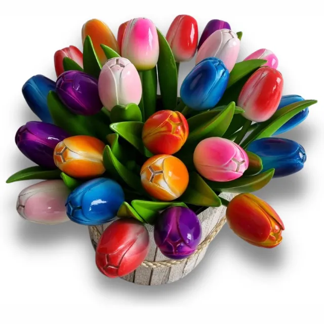 TraaGoods Bos houten tulpen - steel 33cm - mix van 6 kleuren - 20 tulpen in een bos - verwelken nooit! Groen