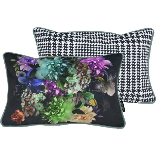 Gek op Kussens! Velvet Pied-De-Poule Flower Kussenhoes | Fluweel / Polyester | 30 x 50 cm Zwart-Multi