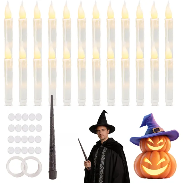 CHOOLY 24 Zwevende LED Kaarsen met Toverstaf Afstandsbediening - Realistische Flikkerende Kaarsen voor Halloween Kerstmis - Vlamloos Veilig Batterijbediend - Inclusief Complete Ophangkit - Wit