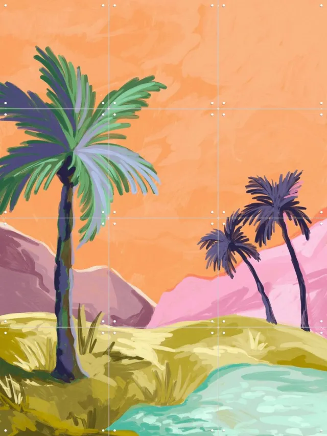 IXXI Palmtrees, Goed Blauw - 60 x 80 cm - Grote wanddecoratie en posters - Speels, Illustraties, Digitale Kunst, Woonkamer, Palmbomen, Landschappen Roze / Groen / Oranje