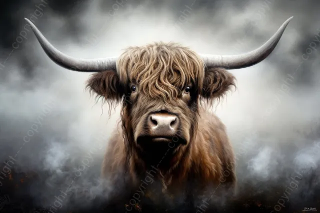 John Joseb Art (Canvas) 120x80 | Schotse Hooglander in de mist, koe, stier, deels zwart wit | dier, Schotland, stijlvol, modern, bruin, grijs | Foto-Schilderij canvas print (wanddecoratie) Canvas, dikte 2 cm