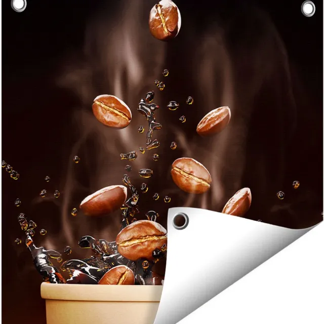 Gards Tuinposter Koffie Beker met Koffiebonen Erin - 40x40 cm - Tuindoek - Tuindecoratie - Wanddecoratie buiten - Tuinschilderij Multikleur