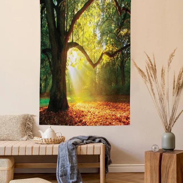 ABAKUHAUS Boomtapijt, Eiken, herfstbladeren wazig, woonkamer slaapkamer wanddoek zijdezacht satijn wandtapijt, 100 x 150 cm, oranje groen bruin