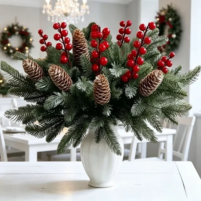 Oemmn 24 stuks kerstdecoratie kunstbloemen – Kunstmatige dennenappels, takken & rode bessen – Voor kerstboom, krans, DIY-knutselwerk & woondecoratie Kleur