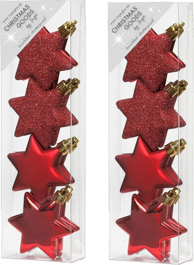Inge Glas 16x stuks kunststof kersthangers sterren rood 6 cm kerstornamenten - Kunststof ornamenten kerstversiering