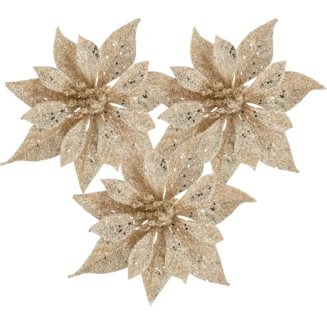 Cosy&Trendy Cosy and Trendy kerstboomversiering bloemen op clip -3x -champagne -18 cm glitters