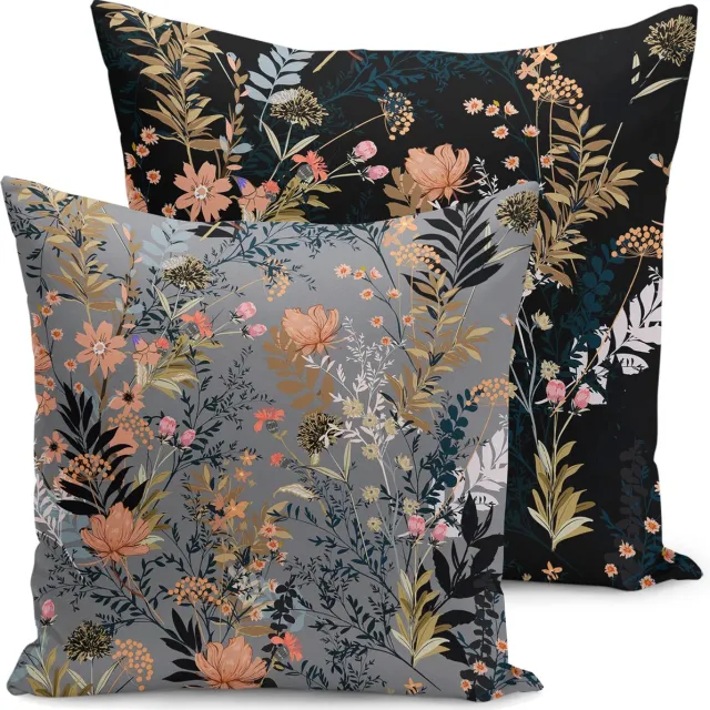 De Groen Home Bedrukt Kussenhoesje Flora -Velvet kussenhoes set van 2 - 45x45 cm - Bloemen op zwart/grijs - Aan beide zijdig bedrukt