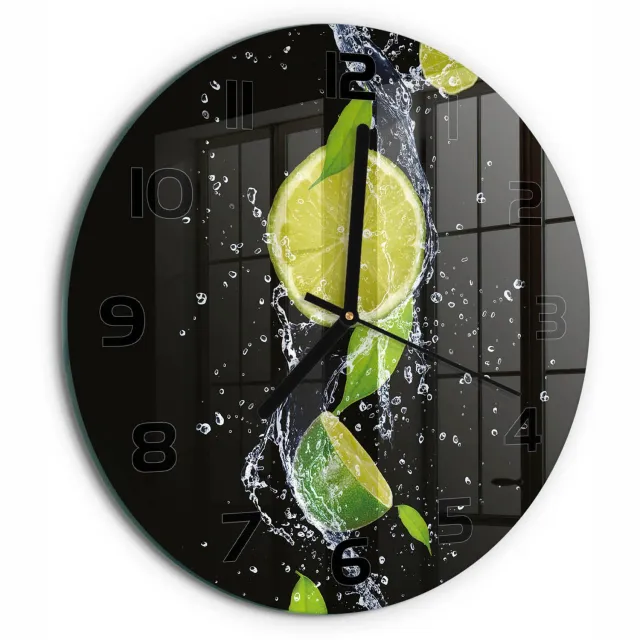 TULUP Wandklok - Kalk en water Decoratieve Glazen Klok - fi30 cm - Groente Glazen Wandklok Design - Zwarte handen - Ronde Klok - Glazen Klok Met Print - Wandklok Glas Met Motief