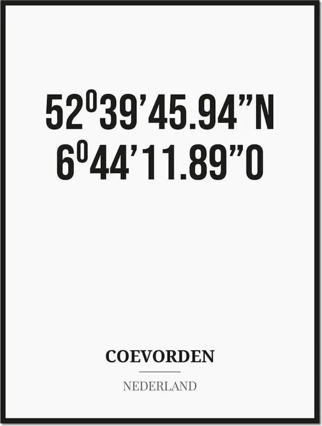 Studio216 Poster/kaart COEVORDEN met coördinaten zwart, wit