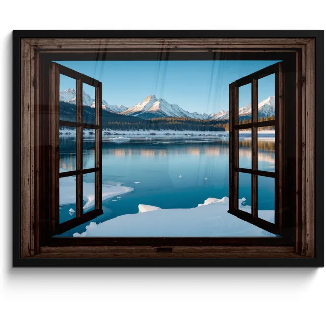 FrameYourWall Poster in lijst - Fotolijst 70x50 cm - Posters - Doorkijk - Winterlandschap - Meer - Bergen - Uitzicht - Posterlijst zwart - Decoratie - Wanddecoratie woonkamer - Muurdecoratie slaapkamer