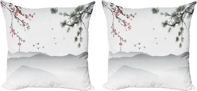 ABAKUHAUS Bloemen Sierkussenhoes Set van 2, Chinesisch-Kunst-Grafik, Modern Accent Dubbelzijdige Digitale Print, 60x60, Rood Groen Zwart