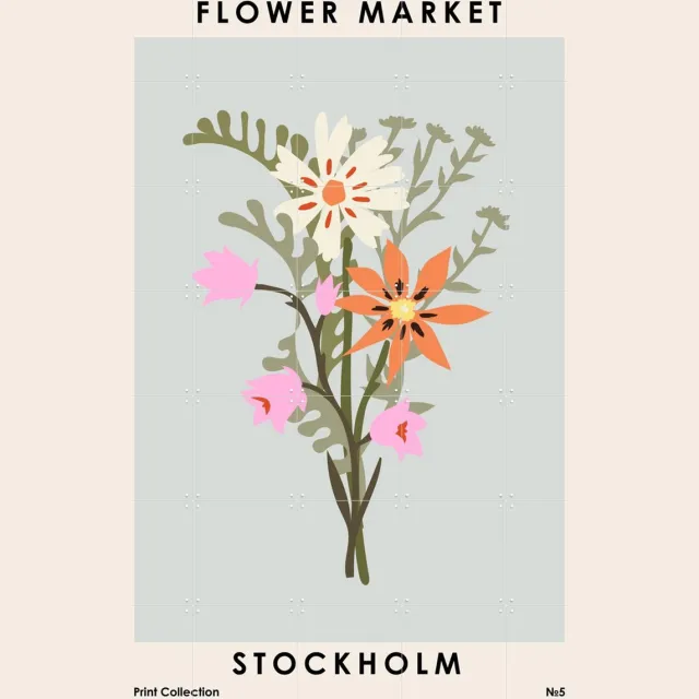 IXXI Flower Market Stockholm, NKTN & Various - 100 x 140 cm - Grote wanddecoratie en posters - Houtsnede, Vintage, Speels, Illustraties, Kleurrijk Roze