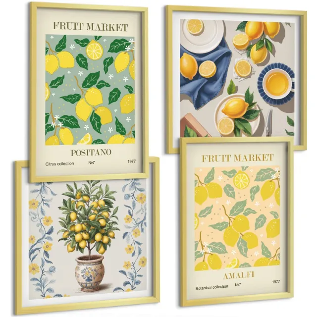 TULUP 4-Delige Schilderij Set - Italiaanse posters met citrusbomen en fruit - 40 x 40 cm en 40 x 60 cm - Decoratieve Muurdecoratie - Slaapkamer - Woonkamer Decoratie Gouden lijst