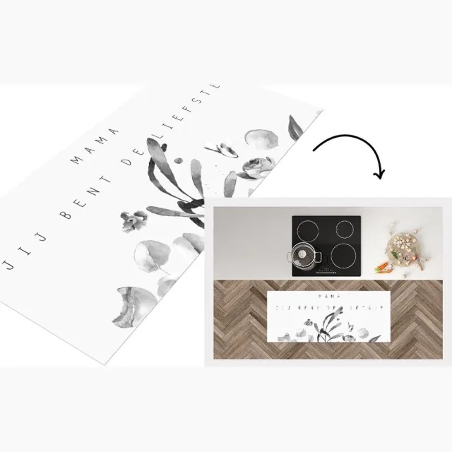 KitchenYeah Keukenloper - Loper keuken - Spreuken - Quotes Mama Jij bent de liefste - Moeder - Moederdag - Bloemen - zwart wit - Keukenloper vinyl Zwart; Wit