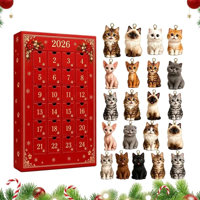 KZQ Adventskalender 2026 Kerstkalender 3D Acryl Kat Met 24 Vakjes - Feestelijke Decemberverrassing rood