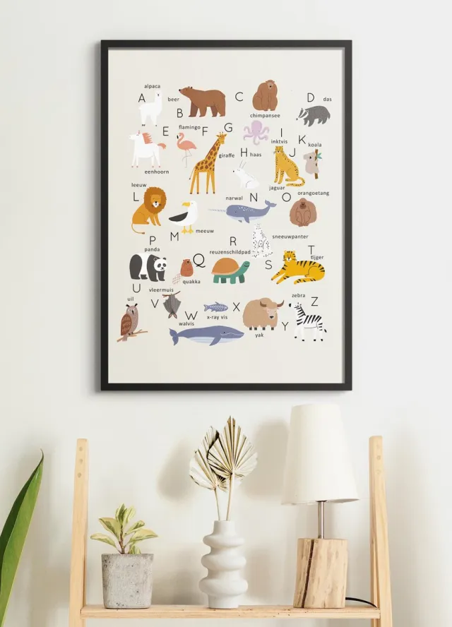 Esque Poster In Zwarte Lijst - Dierenalfabet - Wanddecoratie Alfabet - Dieren Kinderkamer Unisex - Educatief - 70x50 cm