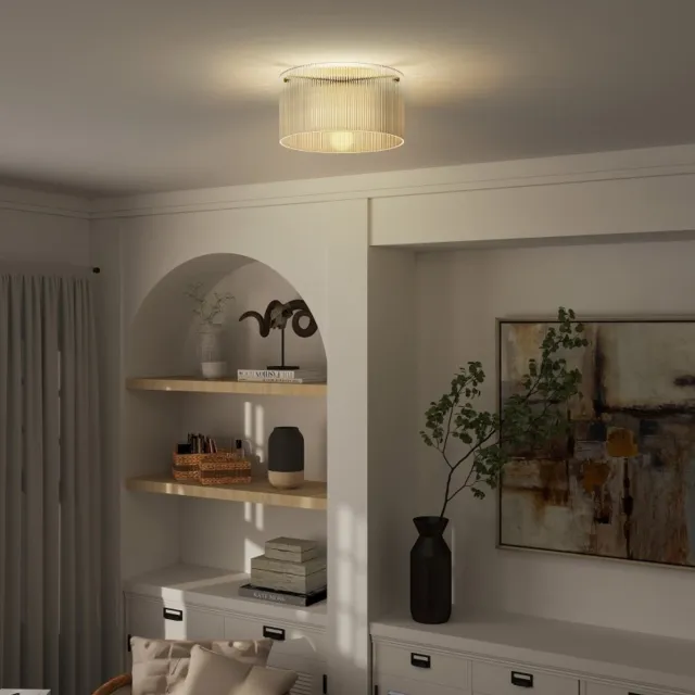 MEUNIQ plafonnière Ø32 x 16,5 cm met geribde acryllampenkap, ronde plafondlamp van metaal, E27 fitting, geschikt voor LED en halogeen, transparant