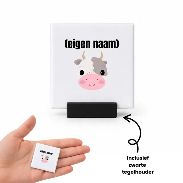 Hacebo koeienkop met eigen naam tegeltje met tegelhouder - Koe - boeren/koeien liefhebbers - tegeltjes met tekst - iemand die houdt van koeien - verjaardag - cadeau - kado - spreuktegels - 4.8x4.8 CM Wit