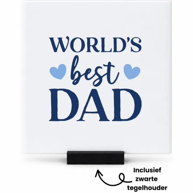 Hacebo World's best dad met 2 hartjes tegeltje met tegelhouder - Papa - Beste papa - tegeltjes met tekst - Vaderdag cadeautje - Cadeau voor papa - Verjaardag - Geschenk - Cadeau - Gift - spreuktegels - 10.8x10.8 CM Wit