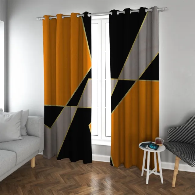 Famanu Verduisterende gordijnen met abstract geometrisch patroon, 2 panelen, thermisch geïsoleerd, oranje en zwart, L63xB52 cm, gemaakt van microvezelstof, ideaal voor slaapkamers en woonkamers