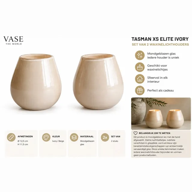 Vase The World Tasman XS Elite Ivory Ø12,5 x H11,5 cm - Set van 2 Waxinelichthouders - Mondgeblazen Glas beige