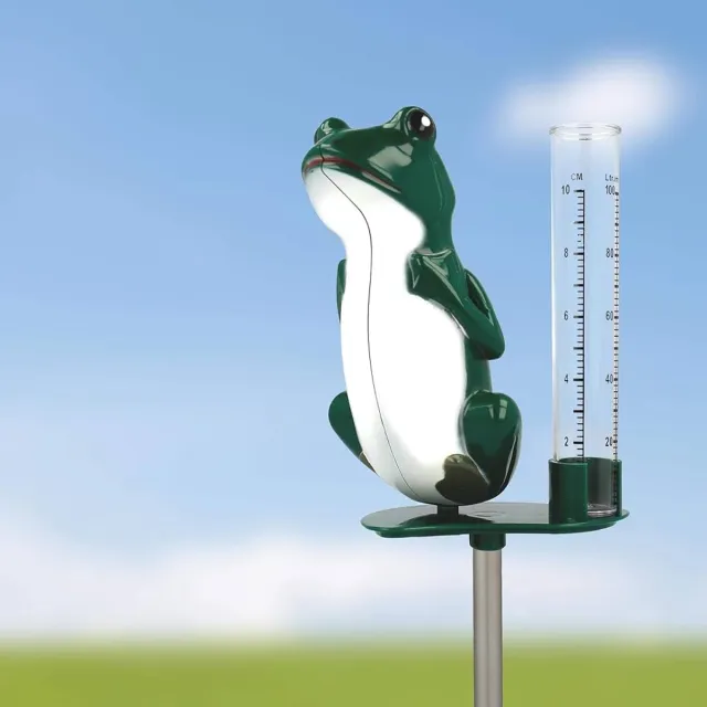Lantelme Regenmeter kikker - Tuindecoratie - 1 stuk - groen - kunststof en metaal - 55 cm