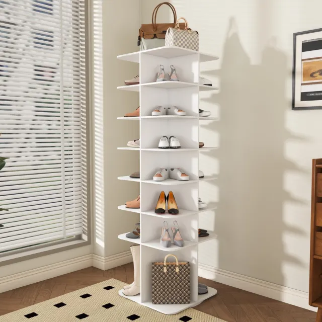 STILVORA Draaiende Schoenenrek 60x60cm – 7 Laags Schoenenorganizer Toren – 360 Graden Draaibaar – Ruimte Voor 28 Paar – MDF – Zonder Matras – Wit