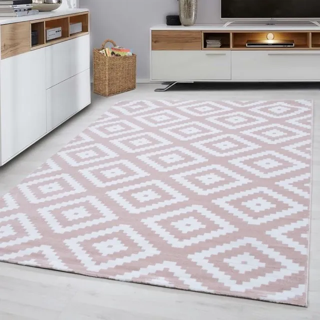 Plus Kortpolig vloerkleed, geometrisch patroon, roze, woonkamerkleed, jute achterkant, afmeting: 200 cm x 290 cm PINK