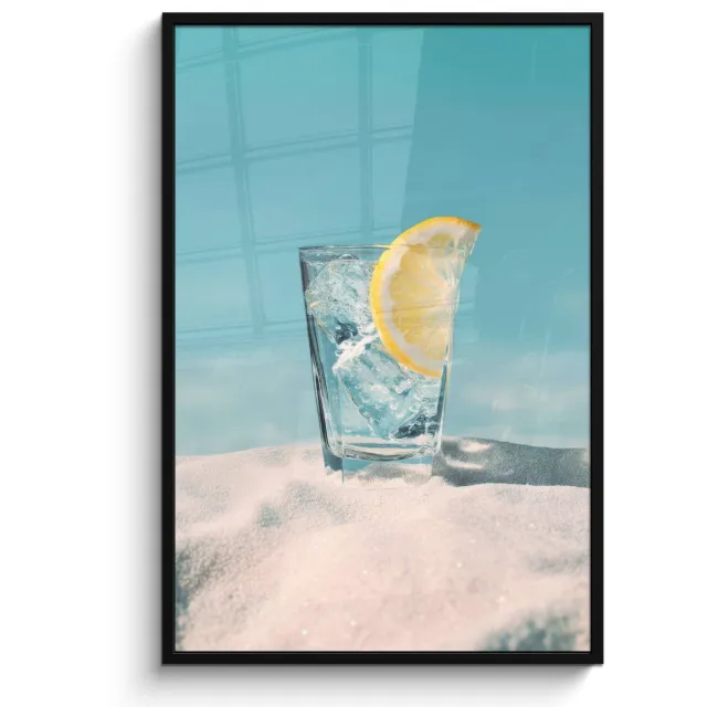 FrameYourWall Poster in lijst - Fotolijst 80x120 cm - Posters - Glas - ijsblokjes - Citroen - Posterlijst zwart - Decoratie - Wanddecoratie woonkamer - Muurdecoratie slaapkamer