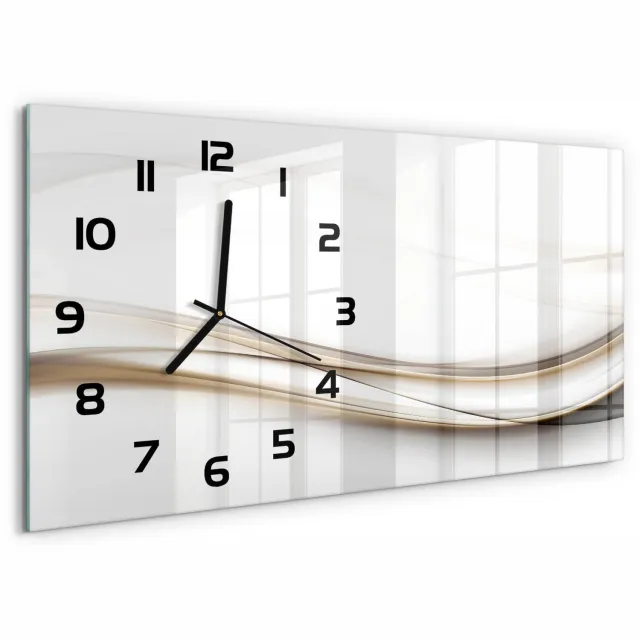 TULUP Wandklok - Golfabstractie Wandklok Glas Decoratie - 60x30 cm - Beige Gekleurde Glazen Klok - Zwarte handen - Rechthoekige Klok - Klok Glas Met Opdruk - Moderne Wandklok Glas