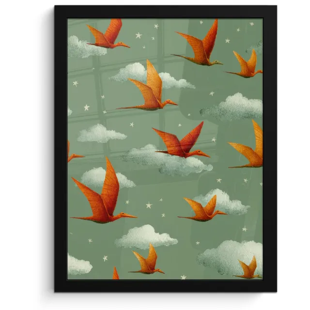FrameYourWall Poster in lijst - Fotolijst 30x40 cm - Posters - Dinosaurussen - Wolken - Sterren - Oranje - Posterlijst zwart - Decoratie - Wanddecoratie woonkamer - Muurdecoratie slaapkamer