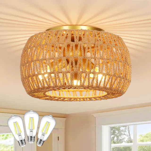 MUPOO Bamboe Plafondlamp - Ø 35 cm - Plafondlampe in Wonen - Rotan Plafonnière - Lampe de plafond met 3x LED-lamp - Warm wit - voor Hal - Slaapkamer - Entree - Woonkamer goud