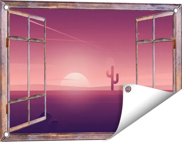 Gards Tuinposter Doorkijk Zonsondergang in de Woestijn met een Cactus - 60x40 cm - Tuindoek - Tuindecoratie - Wanddecoratie buiten - Tuinschilderij Bruin