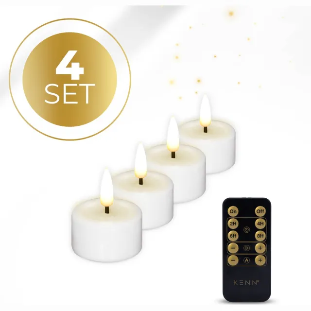 KENN LED Waxinelichtjes – Set van 4 – Wit – Echte Wax – Met Afstandsbediening & Timer – Tot 300 Branduren – Inclusief Batterijen – LED Theelichtjes – Kaarsen op Batterij – Realistisch Flikkerende Vlam - Nep Waxinelichtjes