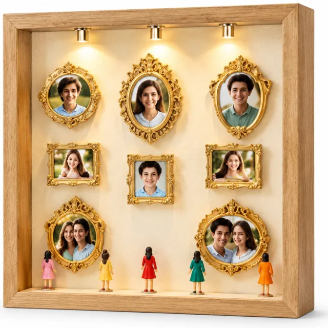 SWGOTA Naturelkleurige 3D-displaylijst voor op tafel, binnenmaat 20 x 25 cm, met 8 miniatuurlijstjes, 8 willekeurige figuurtjes en 2 lampjes