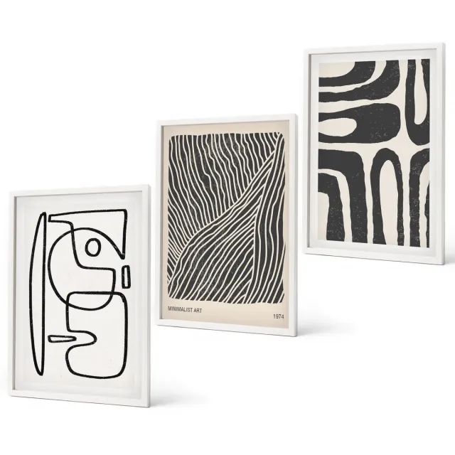Coloray 3-Delige Schilderij Set - Abstracte Patronen Met Lijnen En Texturen Op Een Lichte Achtergrond. - 40 x 60 - Wanddecoratie - Muurdecoratie - Woonkamer Witte lijst