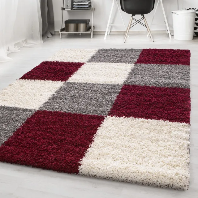 Ayyildiz Hoogpolig vloerkleed, geruit patroon, rood, woonkamerkleed, jute achterkant