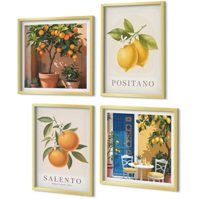 Coloray 4-Delige Schilderij Set - Citroenen Sinaasappelen Italiaanse Amalfikust Stad - 40 x 40 cm en 40 x 60 cm - Stijlvolle Wanddecoratie - Interieur - Decoratieve Schilderijen Gouden lijst