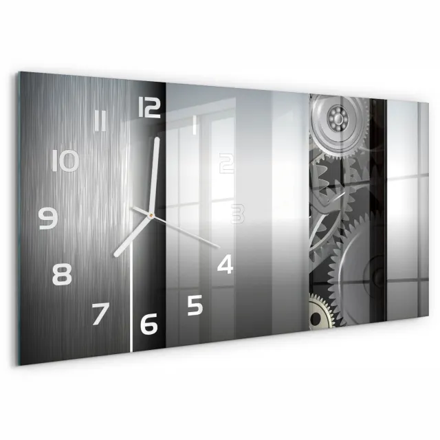 TULUP Wandklok - Tandwielabstractie Klok Glas Met Opdruk - 60x30 cm - Zilver Moderne Wandklok Glas - Witte handen - Rechthoekige Klok - Decoratieve Glazen Klok - Glazen Wandklok Design