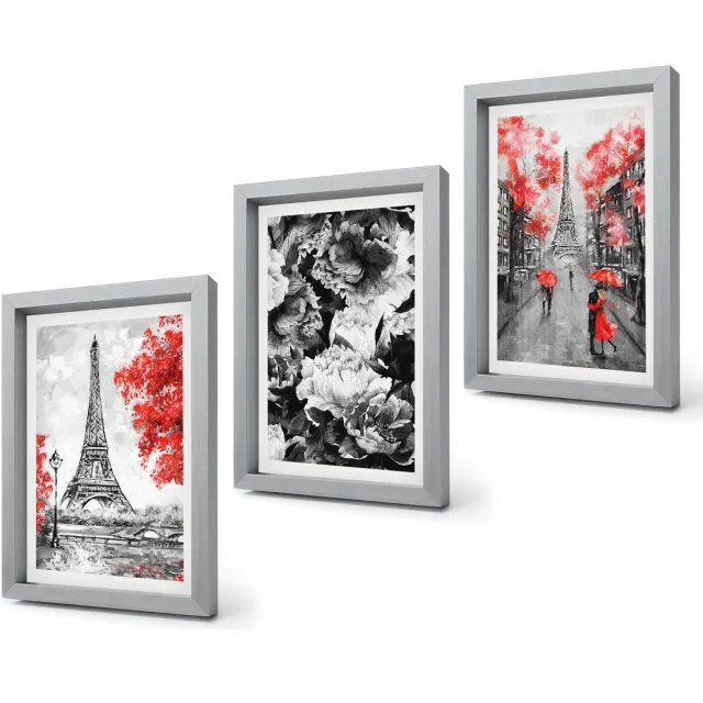Coloray 4-Delige Schilderij Set - Eiffeltoren in grijs met rode accenten - 20 x 30 cm - Muurdecoratie - Interieur Decoratie - Woonkamer Decoratie Zilveren lijst