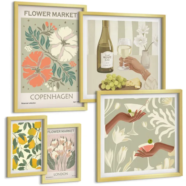 Coloray 5-Delige Schilderij Set - Vintage Bloemenmarkten En Fruitinspiratie - 50 x 50 cm, 20 x 30 cm En 40 x 60 cm - Stijlvolle Muurdecoratie - Kantoor - Woonkamer Decoratie Gouden lijst