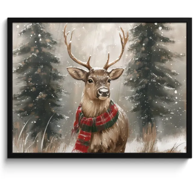 FrameYourWall Poster in lijst - Fotolijst 70x50 cm - Posters - Winter - Bos - Rendier - Donker - Posterlijst zwart - Decoratie - Wanddecoratie woonkamer - Muurdecoratie slaapkamer