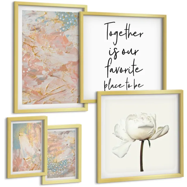 Coloray 5-Delige Schilderij Set - Abstracte Composities Met Bloemen En Inspirerende Slogans - 50 x 50 cm, 20 x 30 cm En 40 x 60 cm - Muurdecoratie - Wanddecoratie - Hal - Woonkamer Decoratie Gouden lijst