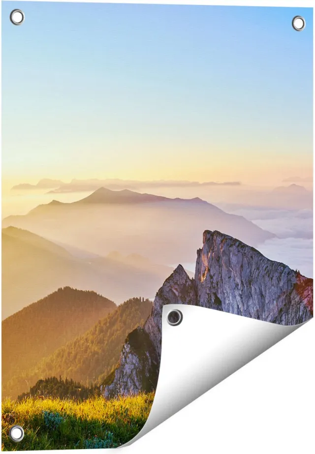 Gards Tuinposter Zonsopkomst in de Bergen in de Alpen - 40x50 cm - Tuindoek - Tuindecoratie - Wanddecoratie buiten - Tuinschilderij Multikleur
