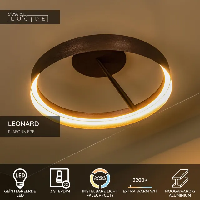 Lucide LEONARD - Plafonnière (Plafondlamp) - Ø 54,5 cm - LED 3 StepDim - CCT - 1x35W 2200K/3000K - Koffie - Vibes