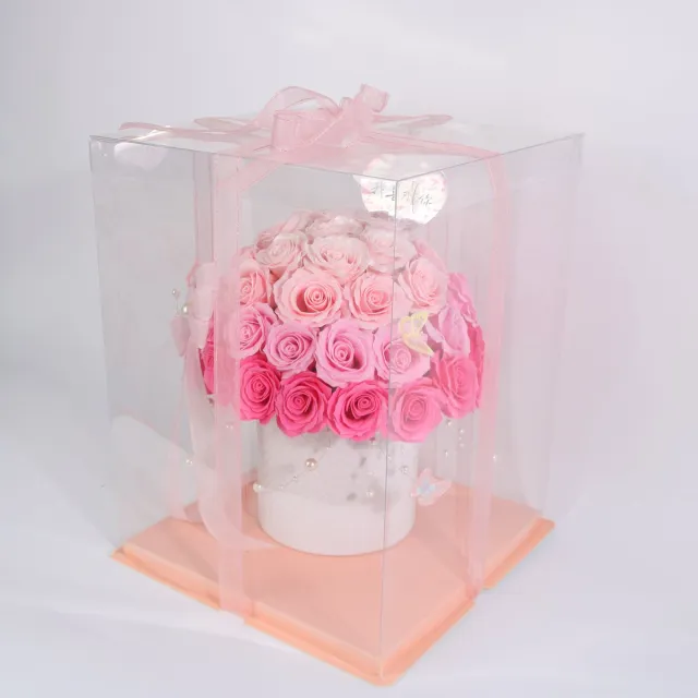 La Roselle Amsterdam Rozenboeket in Transparante Cadeaubox – Roze & Fuchsia Kunstrozen Lichtroze, roze en fuchsia