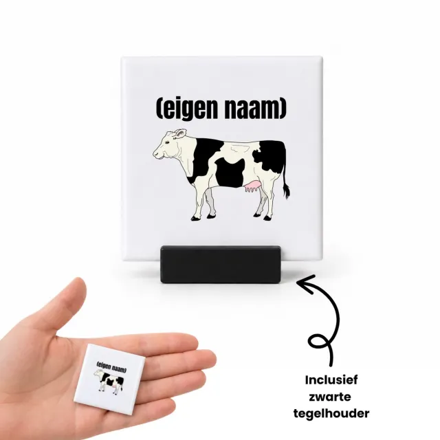 Hacebo koe met eigen naam tegeltje met tegelhouder - Koe - boeren - tegeltjes met tekst - iemand die houdt van koeien - verjaardag - cadeau - kado - spreuktegels - 4.8x4.8 CM Wit