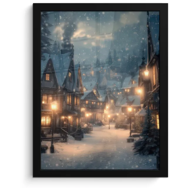 FrameYourWall Poster in lijst - Fotolijst 30x40 cm - Posters - Winterdorp - Sneeuw - Donker - Posterlijst zwart - Decoratie - Wanddecoratie woonkamer - Muurdecoratie slaapkamer
